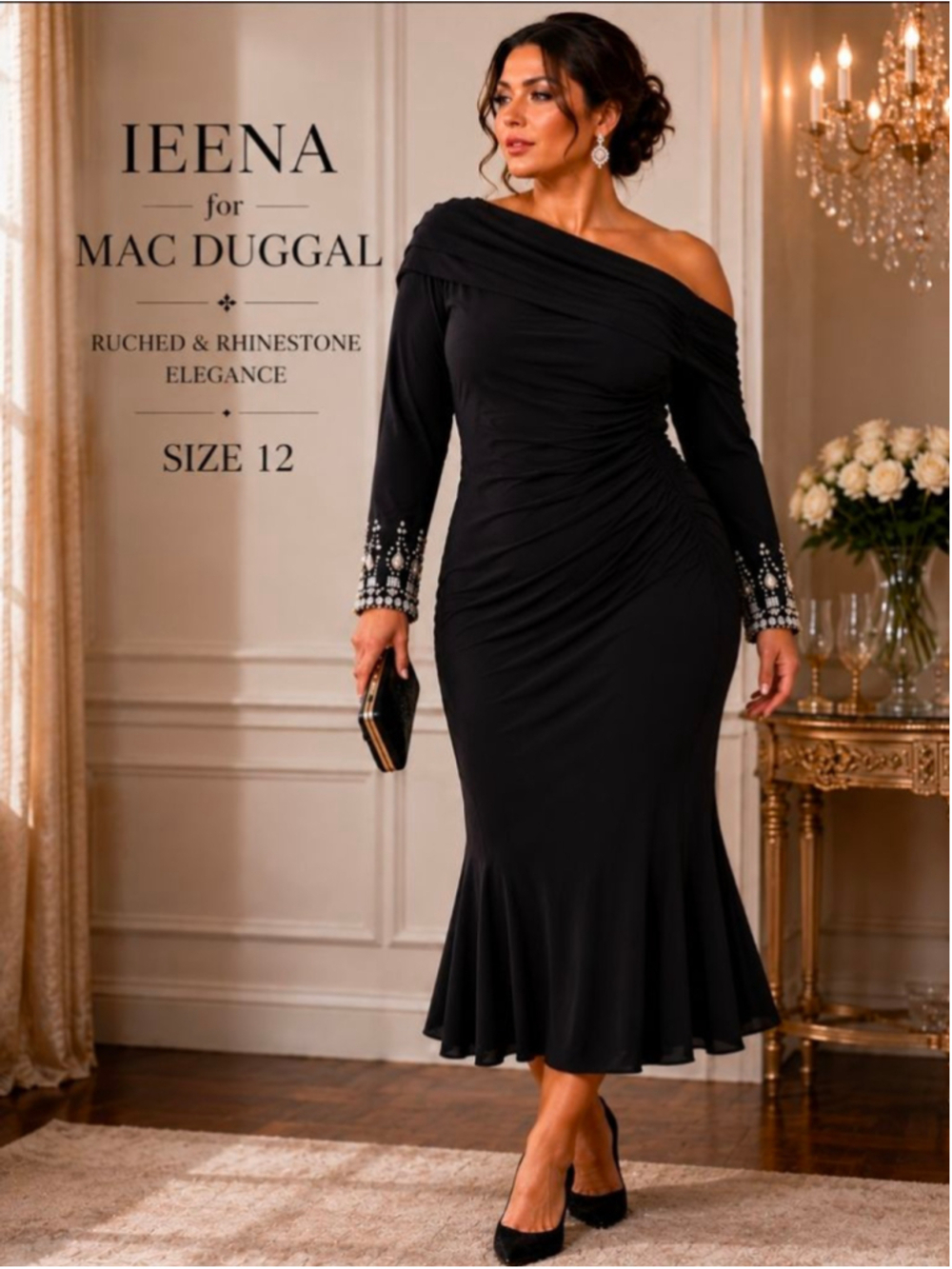 Ieena for Mac Duggal Black One Shoulder Ruched Rhinestone Sleeve Gown Size 12